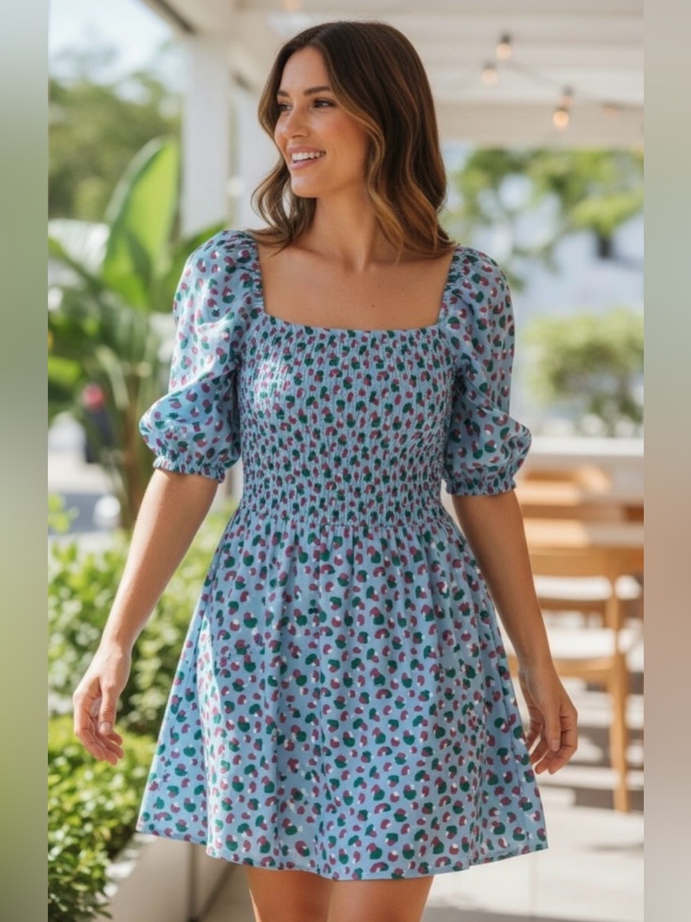Michelle Mcdowell Blue Smocked Square-Neck Puff-Sleeve Mini Dress